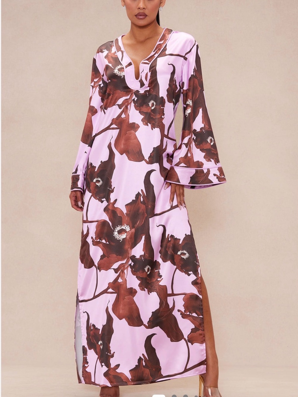 Fashion Nova Pink Maxi Dress with Brown Floral Print